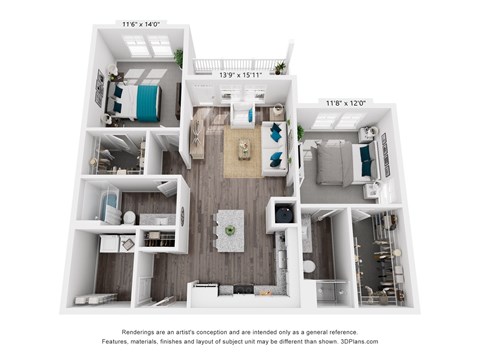 Floor plan for 2 beds, 2 baths, 1045 sqft